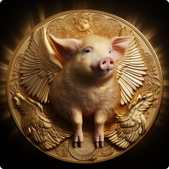 Image of pig with wings flying out of the golden coin.