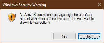 Screen shot of the ActiveX control Windows Security Warning dialog.
