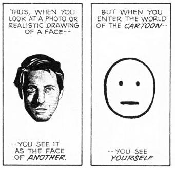 Two side-by-side comic panels. The left panel shows a realistic face with the caption “Thus, when you look at a photo of a realistic drawing of a face, you see it as the face of another.” The right panel shows a simple cartoon face with the caption “But when you enter the world of the cartoon, you see yourself.”