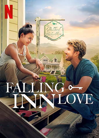 Falling Inn Love Movie Poster with main couple looking and smiling at each other