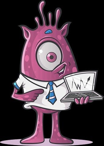A monster bot pointing something on the laptop it is holding.
