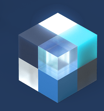 A 3d rendered cube made of 8 smaller cubes, each with radically different color, transparency, diffraction, etc.
