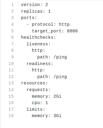 The yaml snipplet shows a resource, port and health check specification.