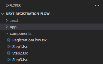 Display Next JS project folder structure for registration flow.