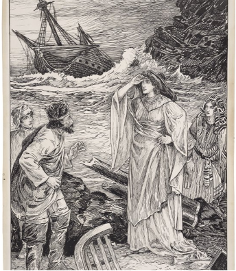 A line drawing depicting Viola lamenting her lost brother to the sea captain, with the shipwreck in the background