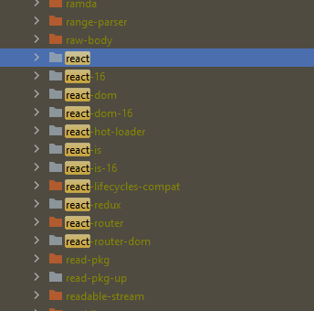 A screenshot from node modules where react-16 is installed along with react