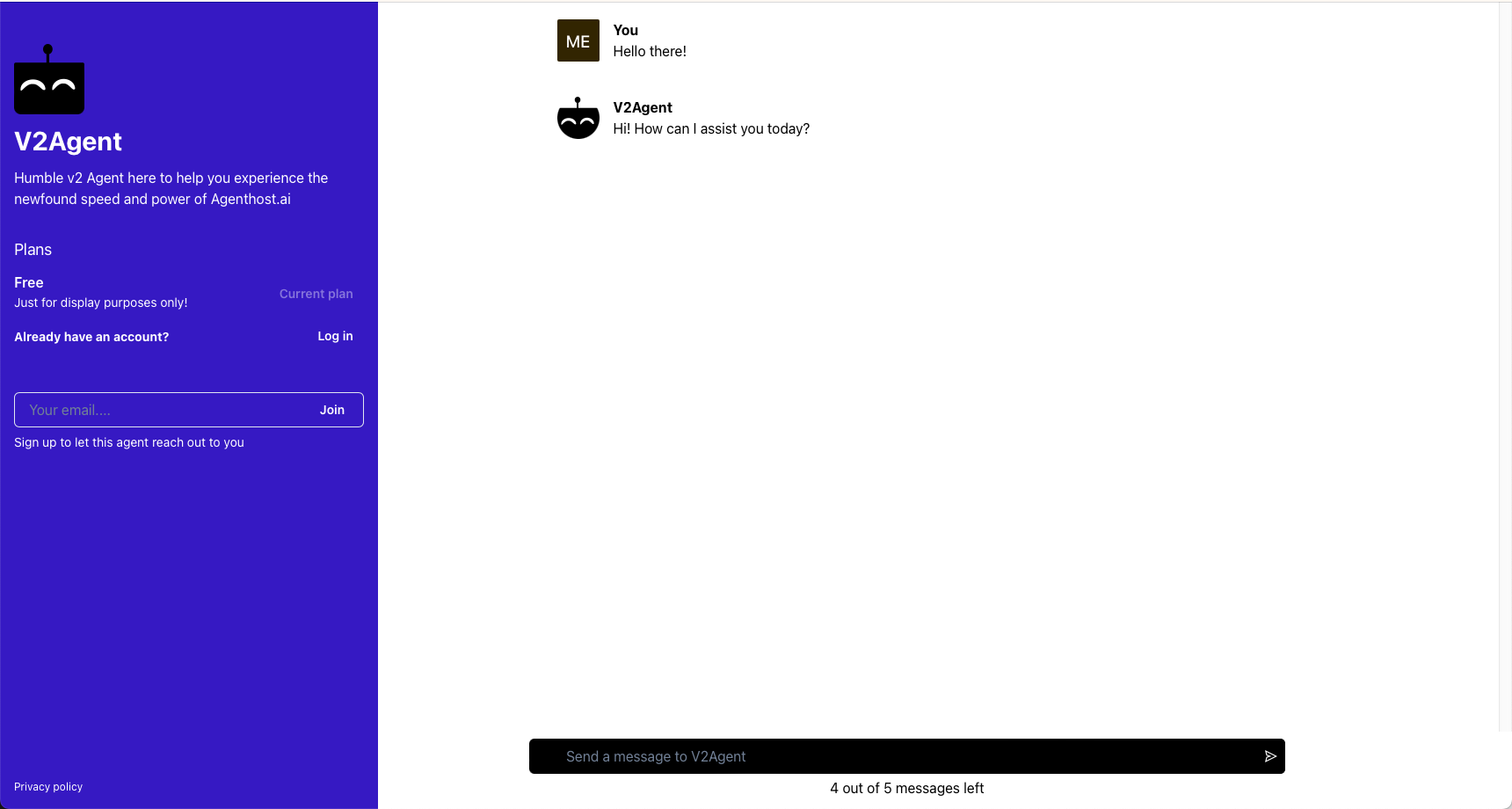 Free trial for the agenthost.ai default test agent
