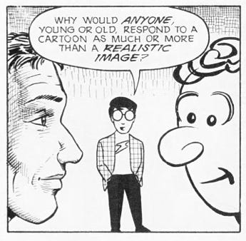 A comic panel showing a realistic face on the left side and a cartoony one on the right. In the middle, a cartoon version of Scott McCloud asks “Why would anyone, young or old, respond to a cartoon as much or more than a realistic image?”