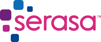 Logo da Serasa com quadrados azuis e o nome escrito em rosa.