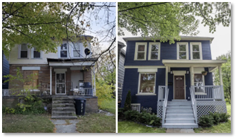 Side by side images of a before and after view of a home renovation