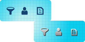 Two sets of icons showing two different themes: filter, user, and page. Top set used for a light theme and the second set used for a dark theme.