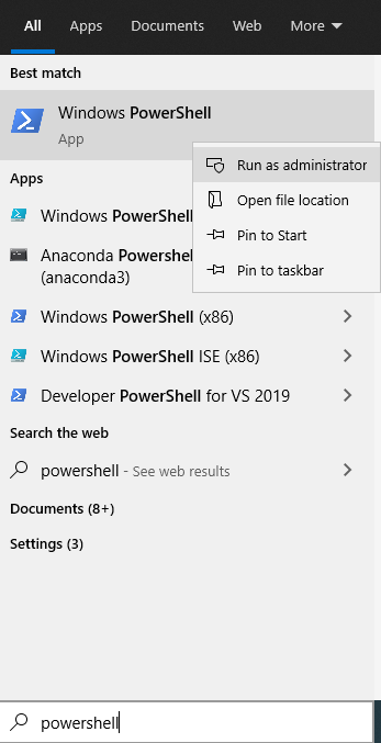 Opening Windows PowerShell as administrator