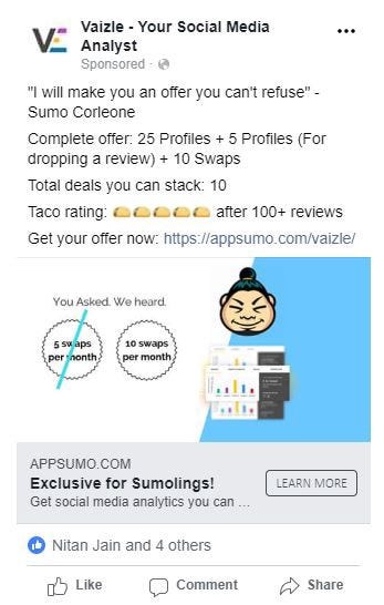 Facebook retargeting ad promoting deal upgrade