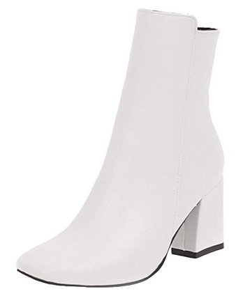 White ankle boots with a white heel.
