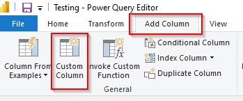 Custom Column option in Power Query editor