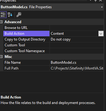 The properties for a ButtonModel.cs class shows the Build action set to Content, and Copy to Output Directory as do not copy