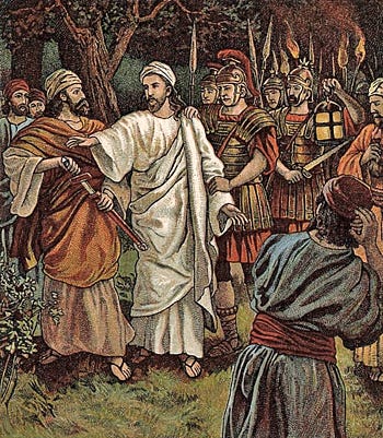 An illustration of the Bible story in which Jesus is arrested by Roman soldiers and Peter cuts off a servant’s ear with his sword.