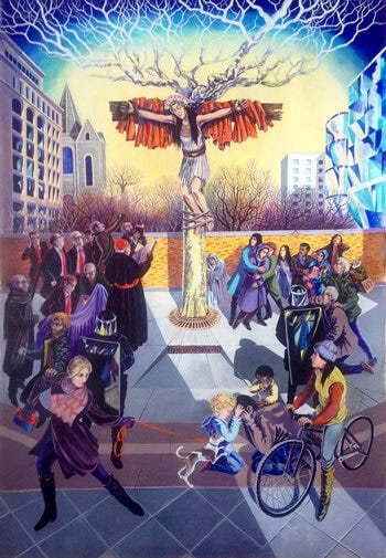 Crucifix painting showing a woman on a cross on a city sidewalk and people looking up or away.