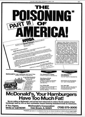 美國富商菲爾刊登全版報紙廣告，抨擊麥當勞的食物熱量（fat）太高