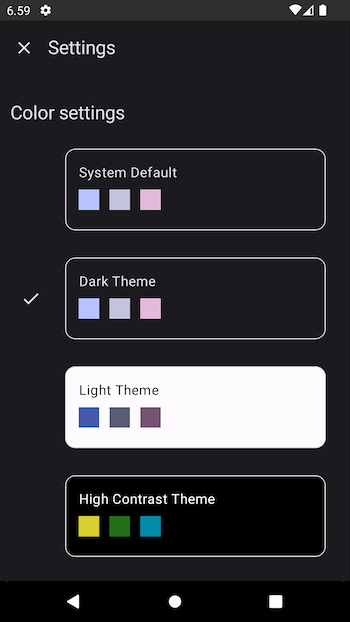 Settings screen, which has a section for color settings. Each of the setting is a box with a title, and displays three colors the theme uses. Themes are system default, dark theme, light theme and high-contrast theme. Dark theme is selected.
