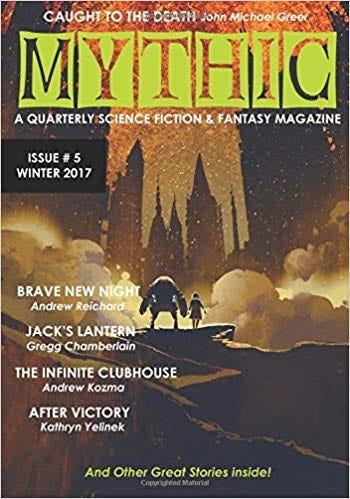 Cover of MYTHIC Magazine #5. A mech and a girl look out over a cliff at a cityscape.