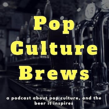 black and white photo of beer taps, with the podcast title laid over the photo in yellow