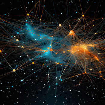 Orange lines connecting blue, orange, and yellow points of light forming an abstract web in space, representing connections between bits of information