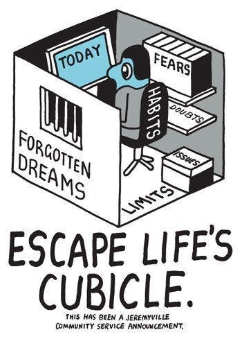 Cartoon image of an office worker stuck within a jail like cubical box sitting in a chair labeled as Habits. Along the side left wall is a jail, bars window and under it says Forgotten Dreams. The floor says Limits, there is a box on the floor that is labeled Issues. The shelves within the cube say doubts and a book shelf full of books called fears. The computer says TODAY.
