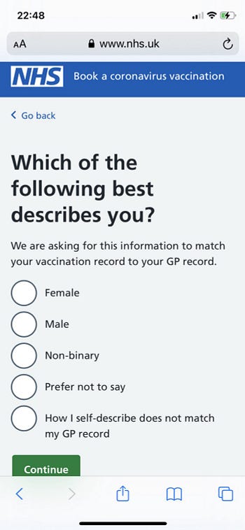 Book a vaccination form showing gender options in NHS branding