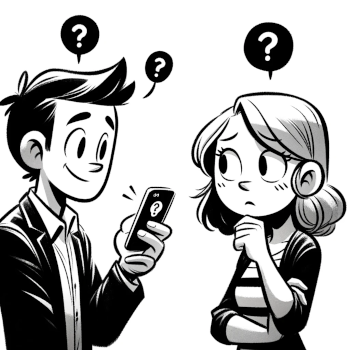 Two people talking, one is holding a phone and the other is struggling to understand what they are saying