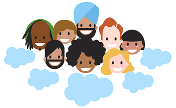 A group headshot of 8 diverse Salesforcelandian characters floating above 5 clouds. One wears a light blue Dastaar (turban).