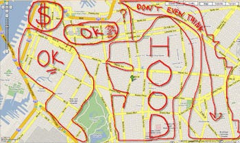 A map highlighting with red lines, acceptable residential areas.