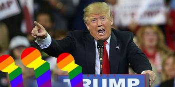 Trump pointing off to the side, where rainbow colored illustrations of people walk out with their heads down