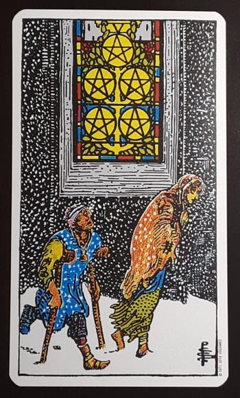 The five of pentacles from the Rider-Waite-Smith tarot deck