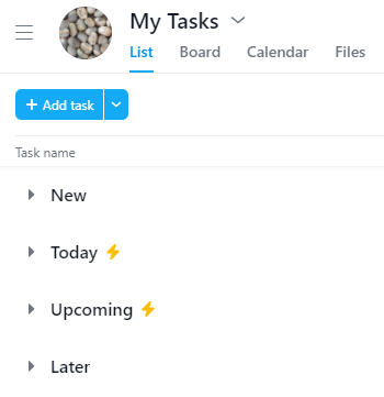 Simple approach to Asana My Tasks showing sections New, Today, Upcoming, and Later