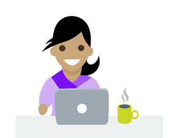 Woman sitting by a laptop with a coffee cup beside her.