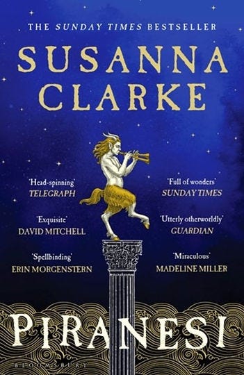 Cover of Susanna Clarke’s Piranesi, depicting a horn-blowing satyr standing atop a marble column above a tide and against a backdrop of stars.