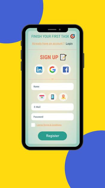 Sign Up page Design — High fidelity wireframe have fields to enter name, e-mail, password and icon labels to enter birthday date, phone number, location. Finally with the action button to complete sign up process.