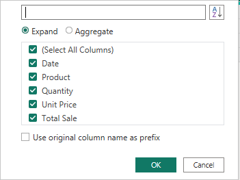 Expand options for column