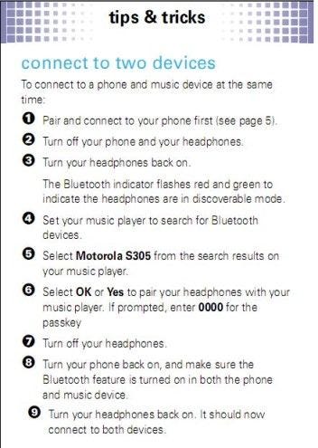 Motorola S305 Bluetooth Headset Dual Pairing Instructions