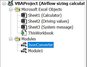 An image showing the VBA file structure. In the modules folder, there is a JsonConvertor file and a Module1 file.