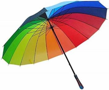 Umbrella with the coulours of the raibow; white background.
