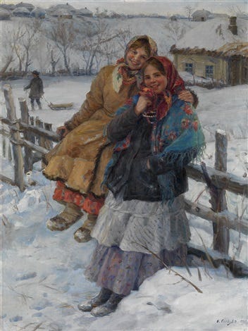 Oil painting of two girls standing in the winter landscape