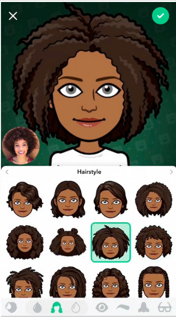 Bitmoji creation screen where the user is currently selecting the hairstyle of their avatar.