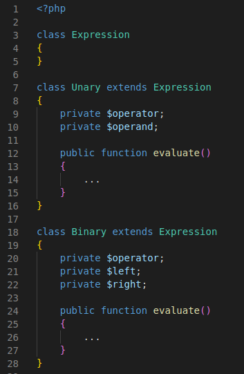 Exemplo de estrutura de classes em php contendo uma classe de expressão, uma classe de expressão unária que estende a classe de expressão e uma classe de expressão binária que estende a classe de expressão.