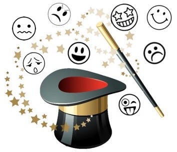 Magician’s top hat and wand surrounded by gold stars and emojis displaying different facial expressions