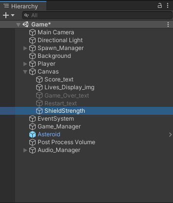 Unity hierarchy with new Shield Strength gameobject