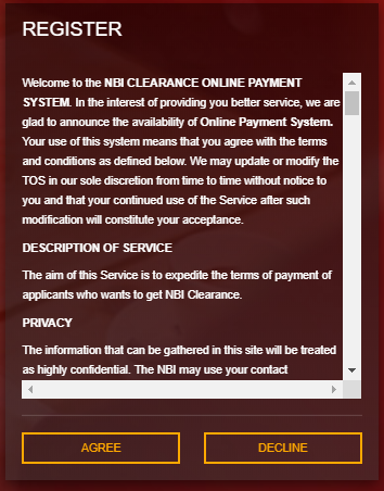 NBI CLEARANCE REGISTRATION TERMS OF SERVICES