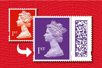 Image of original stamp with Queen on and new stamp with additional barcode