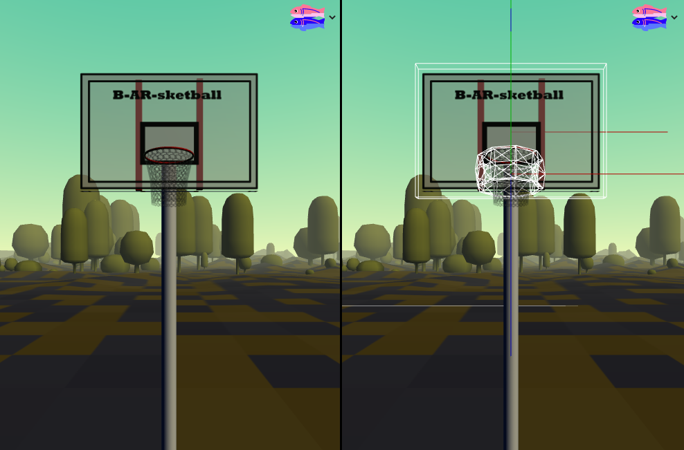 Two versions of the same virtual basketball hoop, in the latter the normally invisible physics objects are visible